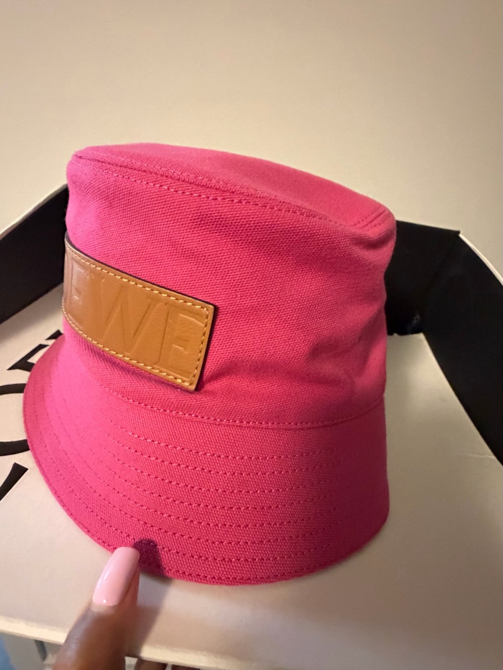 Loewe Hot Pink Bucket Hat with Tan Leather Patch